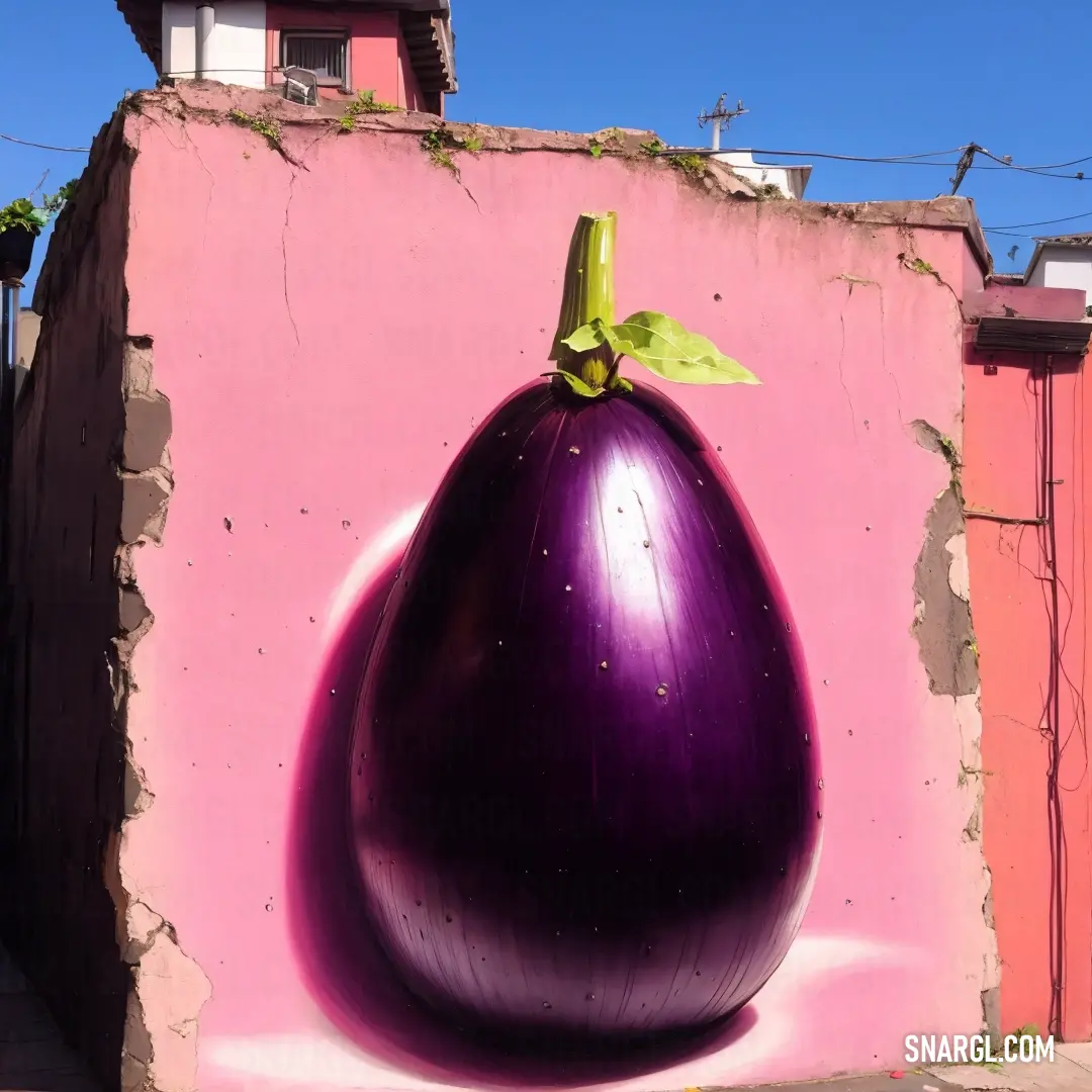 Giant eggplant is painted on a wall in a city street