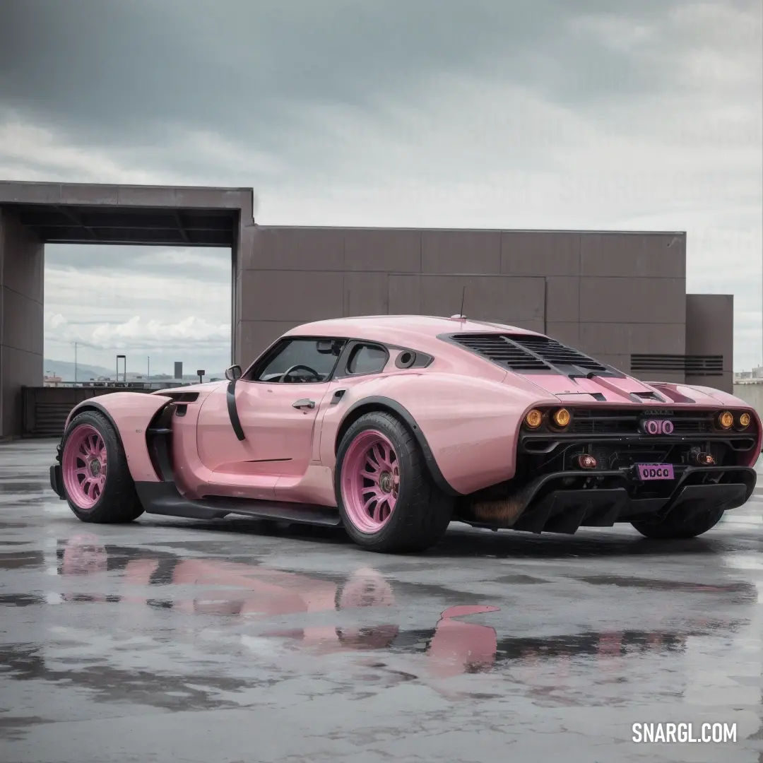 Pink car parked in front of a building on a wet parking lot with a cloudy sky in the background