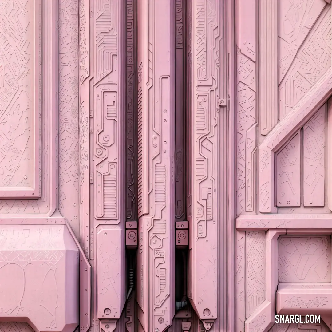 Pink wall with a bunch of different shapes and sizes of doors and windows on it's sides
