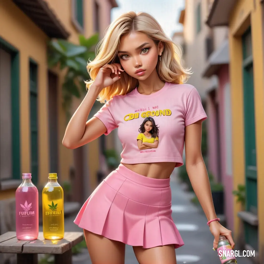 Woman in a pink skirt and a pink shirt is standing next to a bottle of lemonade