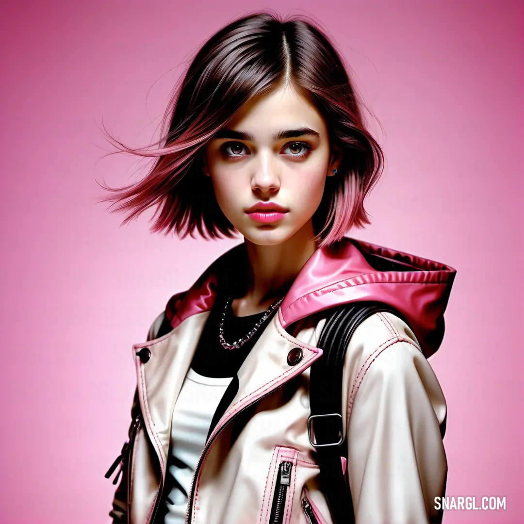Woman with a pink jacket and a black backpack on her shoulder and a pink background