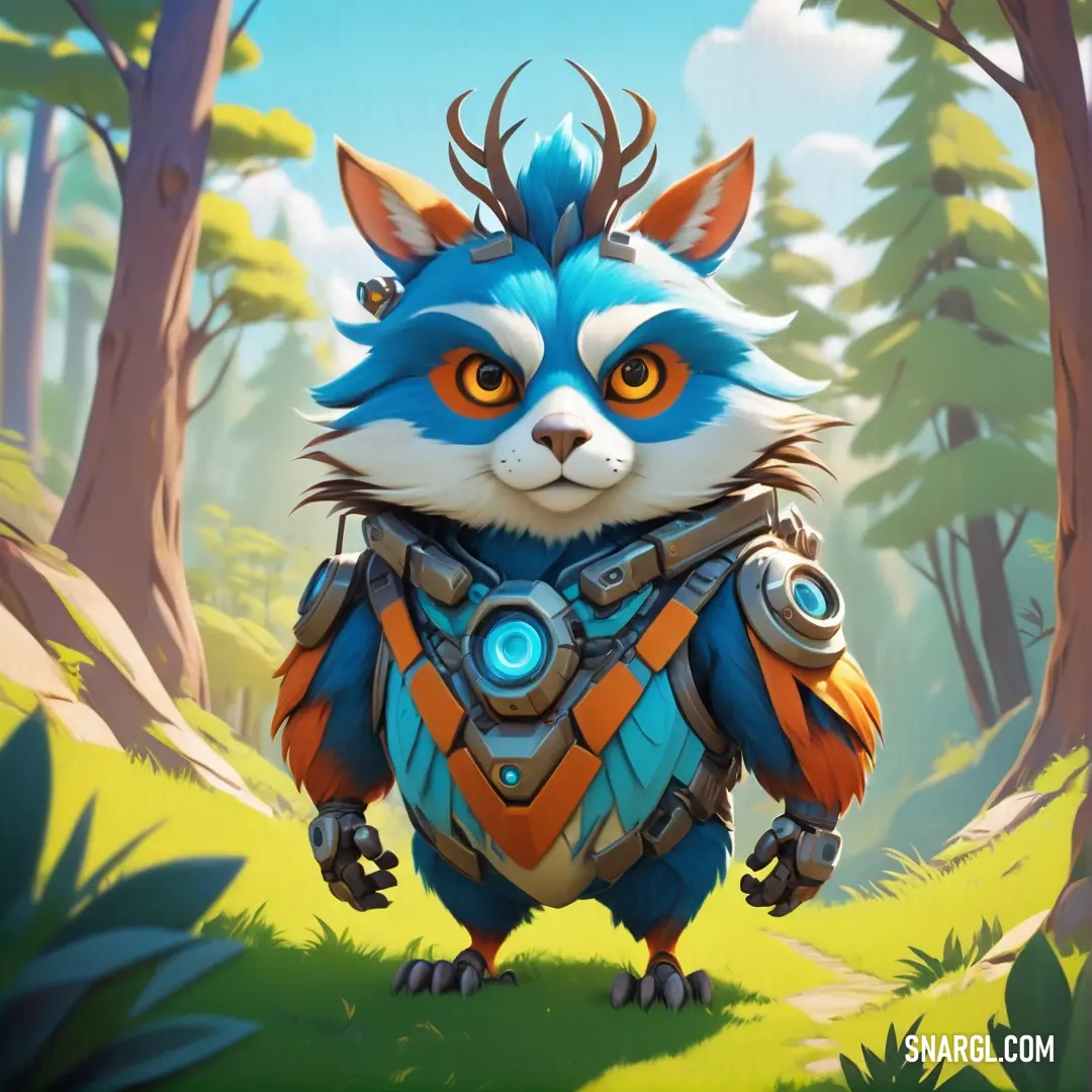 Blue and orange animal standing in a forest with trees and bushes behind it. Color #4699C5.