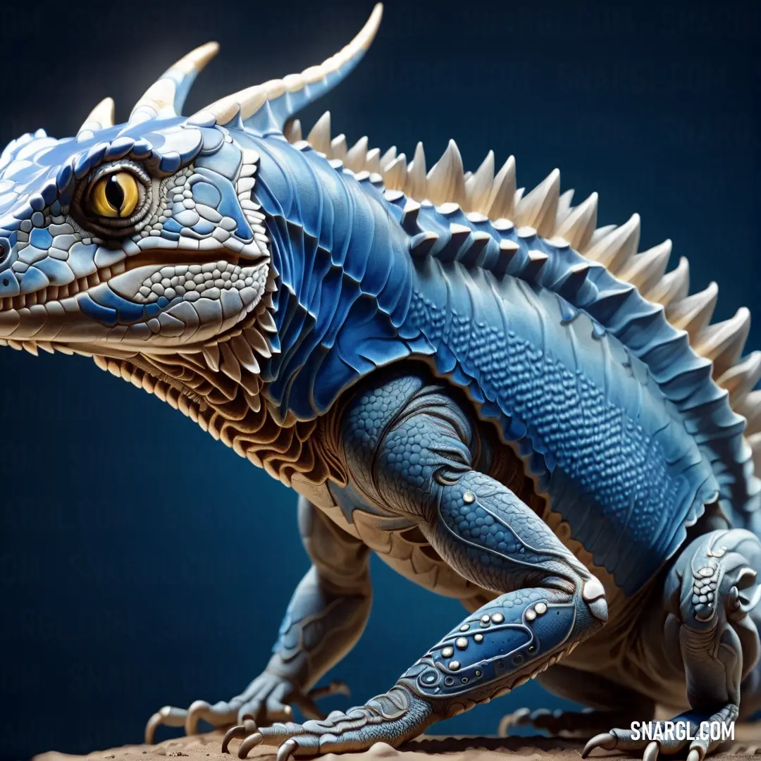 Blue and white lizard statue on a table top with a dark background. Example of #4699C5 color.