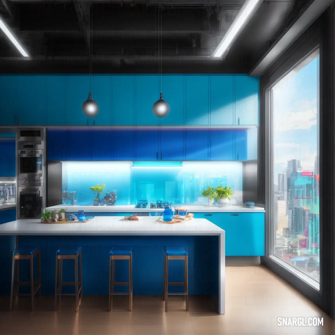 Kitchen with a large island and a blue wall and ceiling with lights and a window overlooking the city. Example of #4699C5 color.