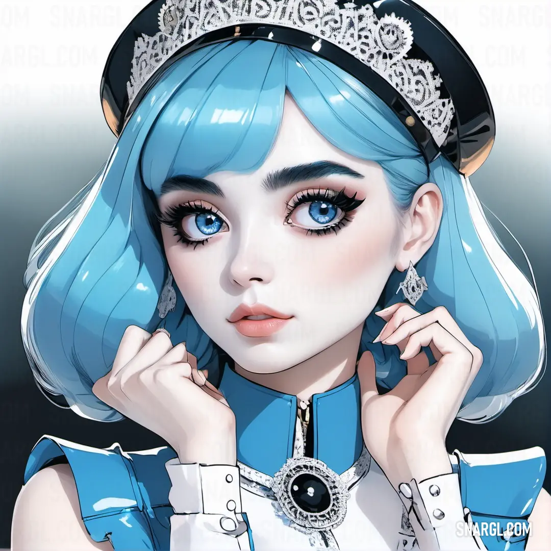 Digital painting of a woman with blue hair and a tiara on her head and a diamond necklace. Example of RGB 63,160,214 color.