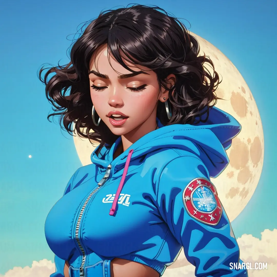 PANTONE 2171 color example: Painting of a woman in a blue hoodie with a full moon in the background