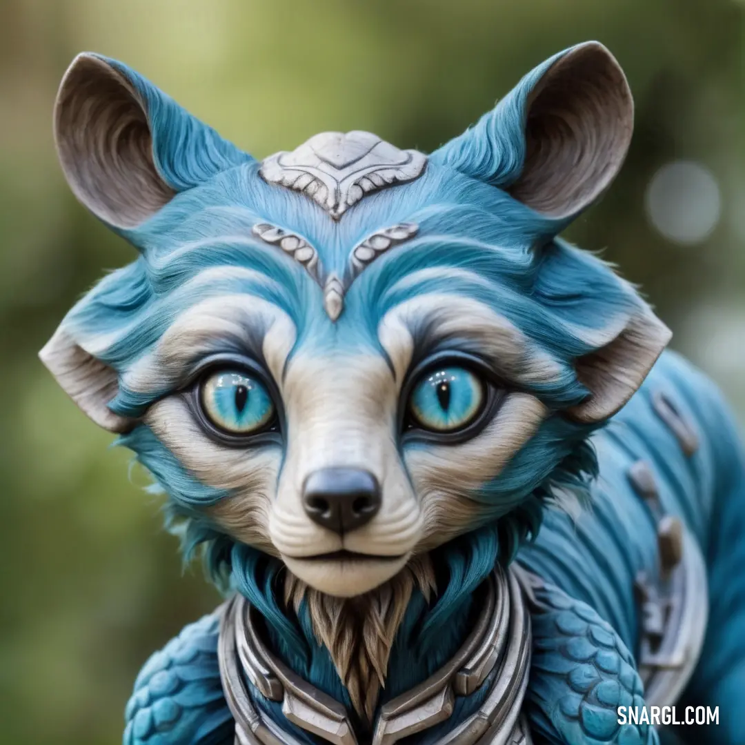 Blue and white statue of a wolf with a blue collar and a blue eyes and tail. Color RGB 40,128,191.