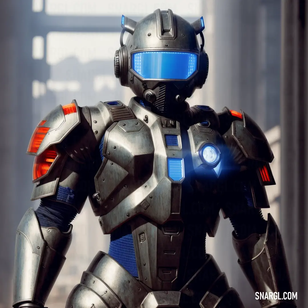 Robot with a helmet and a body suit standing in a city street with a building in the background. Example of PANTONE 2172 color.