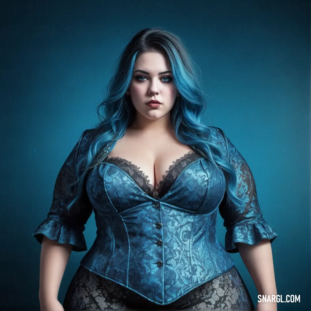 Woman with blue hair wearing a blue corset and skirt with lace detailing on the bottom of her bust. Color #2880BF.