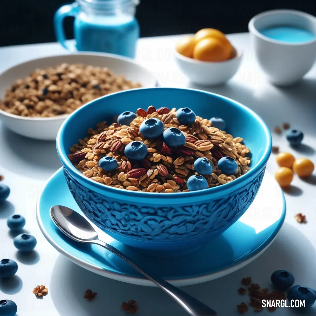 Bowl of cereal with blueberries and nuts in it on a table with other bowls of cereal and fruit. Color RGB 0,118,187.