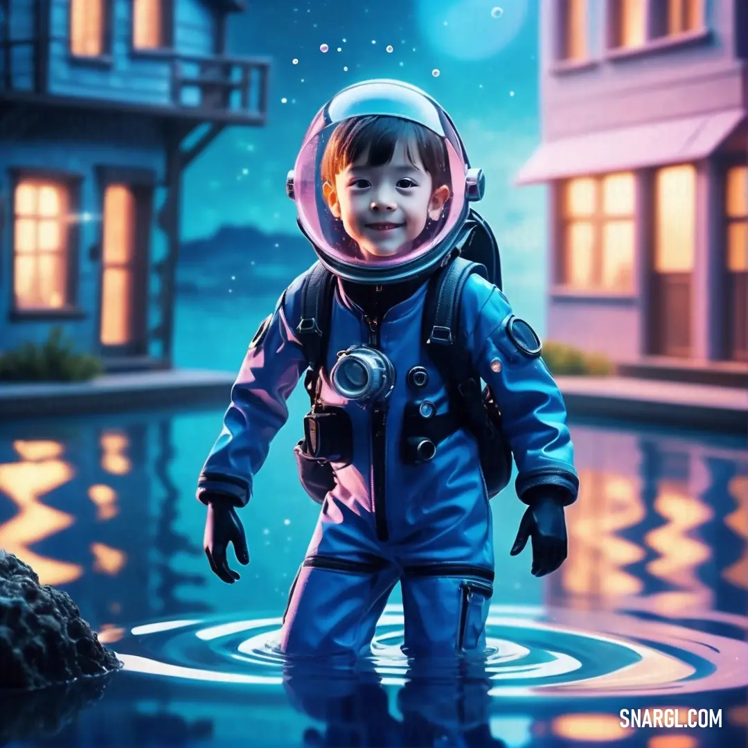 Little boy in a space suit standing in a pool of water with a house in the background. Example of RGB 0,118,187 color.