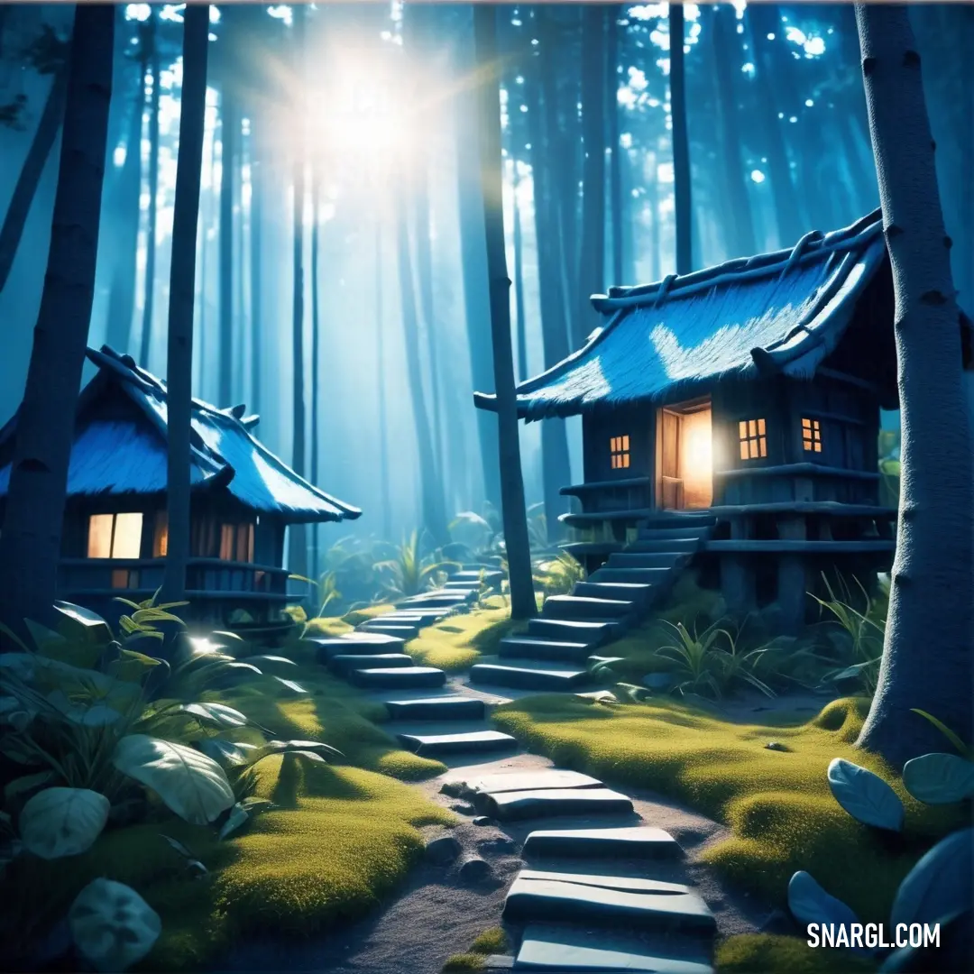 House in the woods with a pathway leading to it and a light shining in the window above it. Color PANTONE 2174.