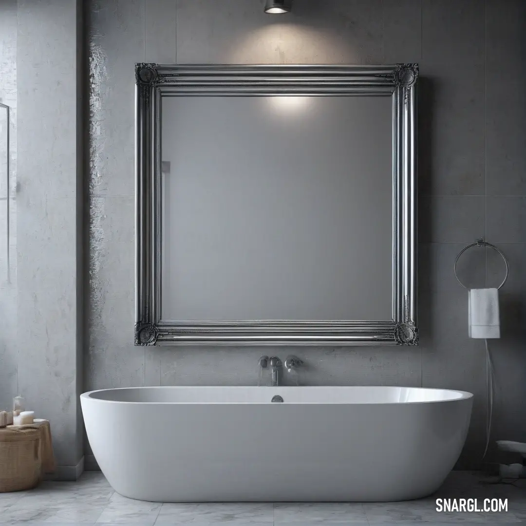 A bathroom with a large white bathtub tucked into the corner, paired with a spacious mirror above. The calming PANTONE 2177 color ties the room together, giving it a timeless, serene vibe.