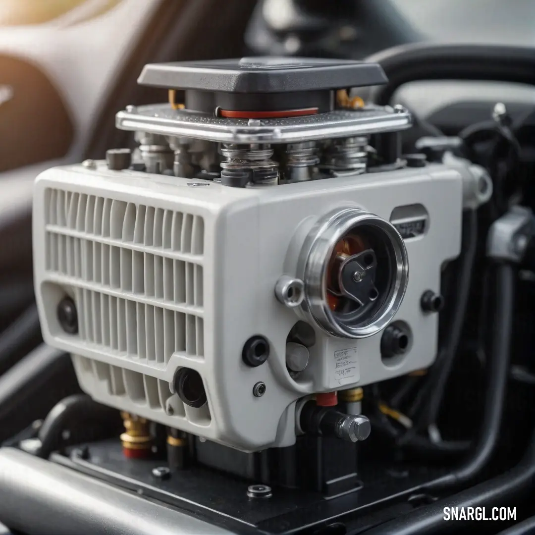 A focused close-up of a car engine featuring a small device perched atop its housing alongside a steering wheel. This dynamic scene illustrates the distinctive color represented by #769FAB.