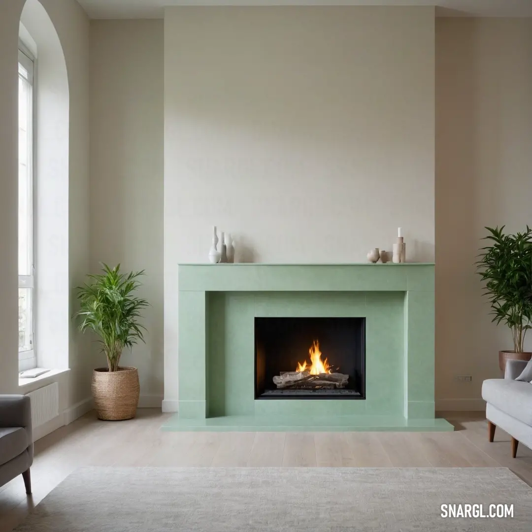 A thoughtfully arranged living room showcases a stylish fireplace and a comfortable couch, complemented by a potted plant, all harmonized in shades of PANTONE 2177, radiating comfort.