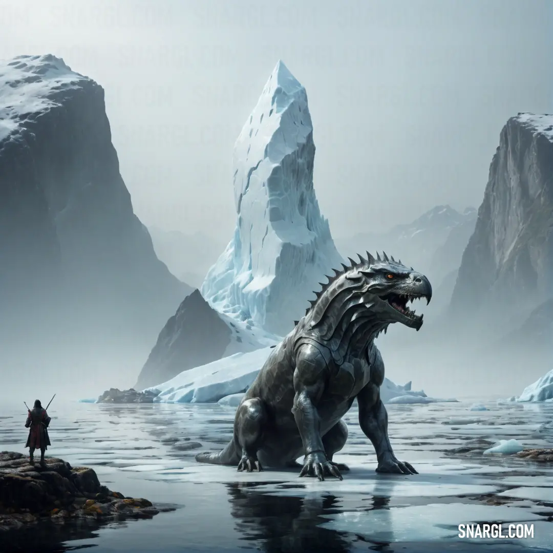 PANTONE 2177 color example: Man standing next to a large godzilla on a frozen lake with icebergs in the background