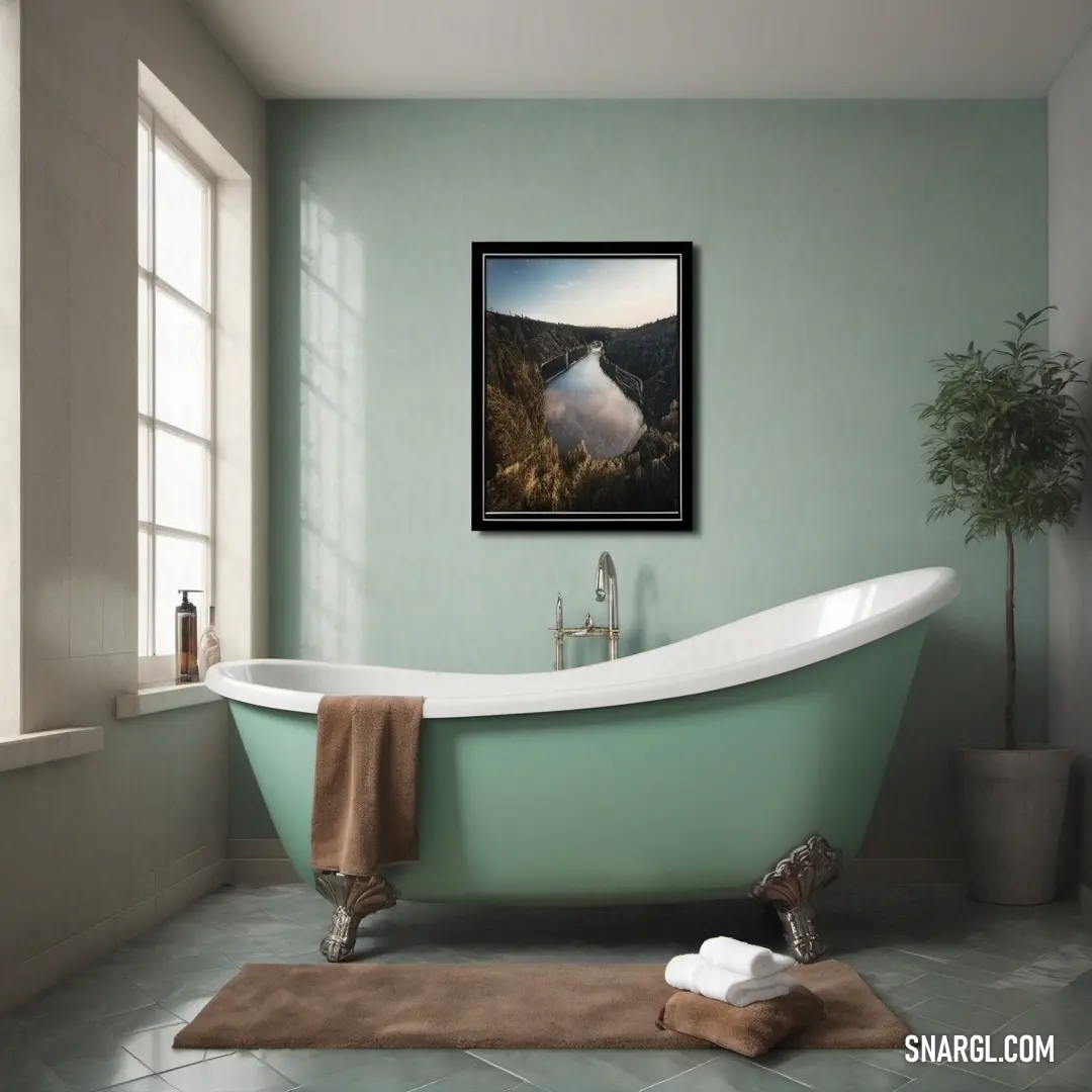 A cozy bathroom featuring a luxurious bathtub placed near a window with a stunning view of a peaceful lake. A soft rug on the floor adds comfort to the space. The bathroom is complemented by a calm color palette with a hint of the soft, tranquil shade #76