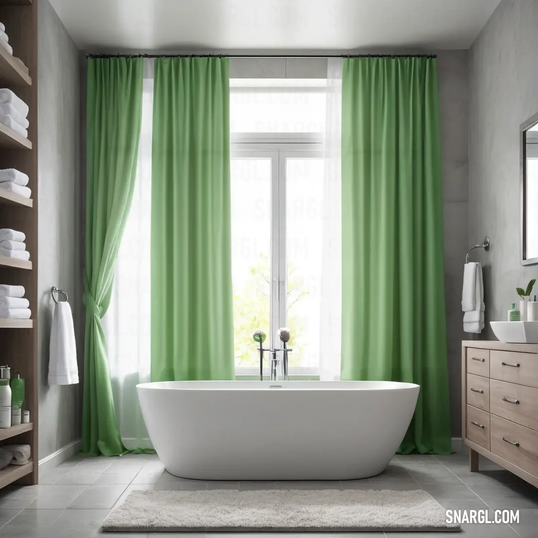 A cozy bathroom with a bathtub surrounded by a soft rug and a window draped with green curtains. The room features a gentle blend of CMYK 54,20,24,3 colors that create a harmonious and calming ambiance.