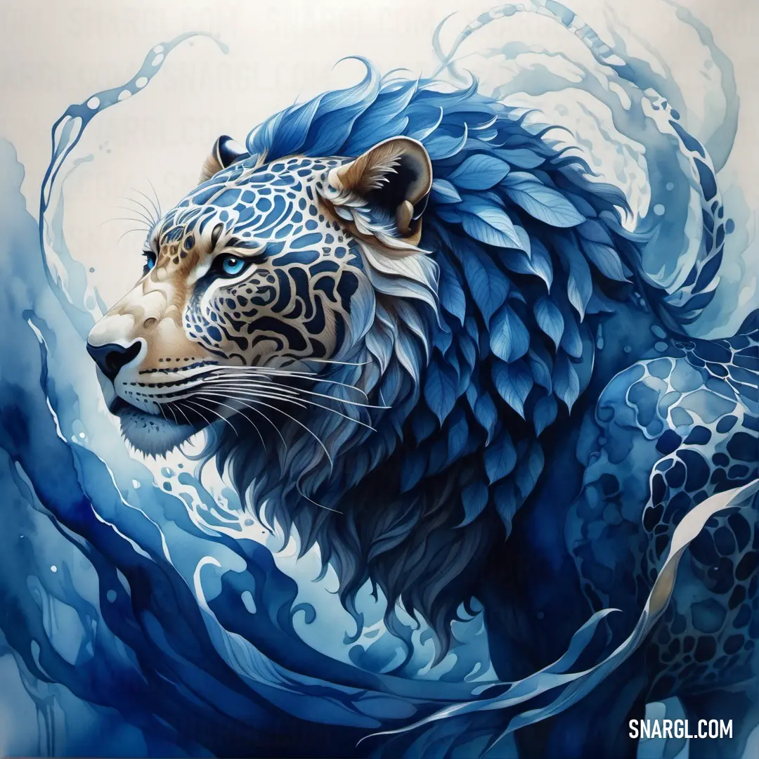 Painting of a blue tiger with a white face and blue water around it's body and head. Color CMYK 54,20,24,3.