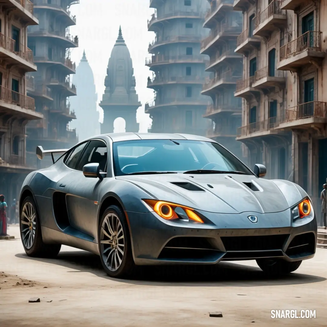 Silver sports car parked in front of a tall building in a city with a clock tower in the background. Color RGB 118,159,171.