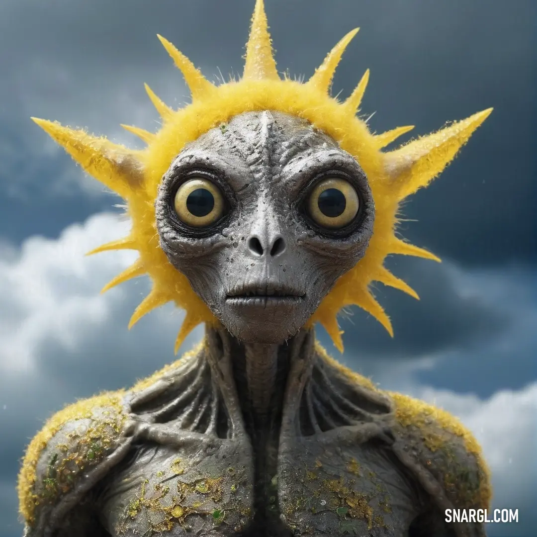 A strikingly imaginative creature with a vibrant yellow mohawk stands boldly against a backdrop of a dreamy, cloudy sky, showcasing the lively hues of PANTONE 2177 that breathe life into this captivating scene.