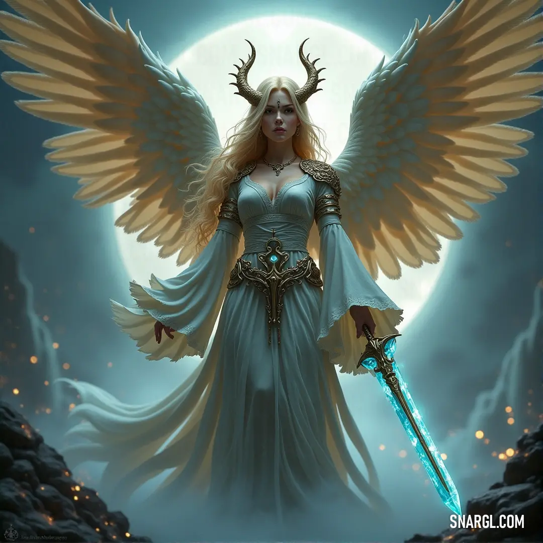 A fierce woman wielding a sword and sporting majestic wings, stands confidently in front of a glowing full moon, embodying strength and mystery, accentuated by the vibrant shade of PANTONE 2177 that envelops her.