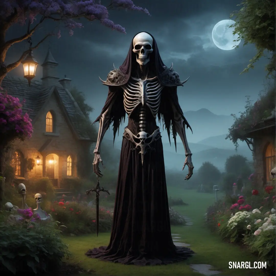 A skeleton draped in a long, flowing black dress stands in a dark garden, bathed in the eerie light of a full moon. In the distance, a house looms, adding a sense of mystery to the haunting scene.