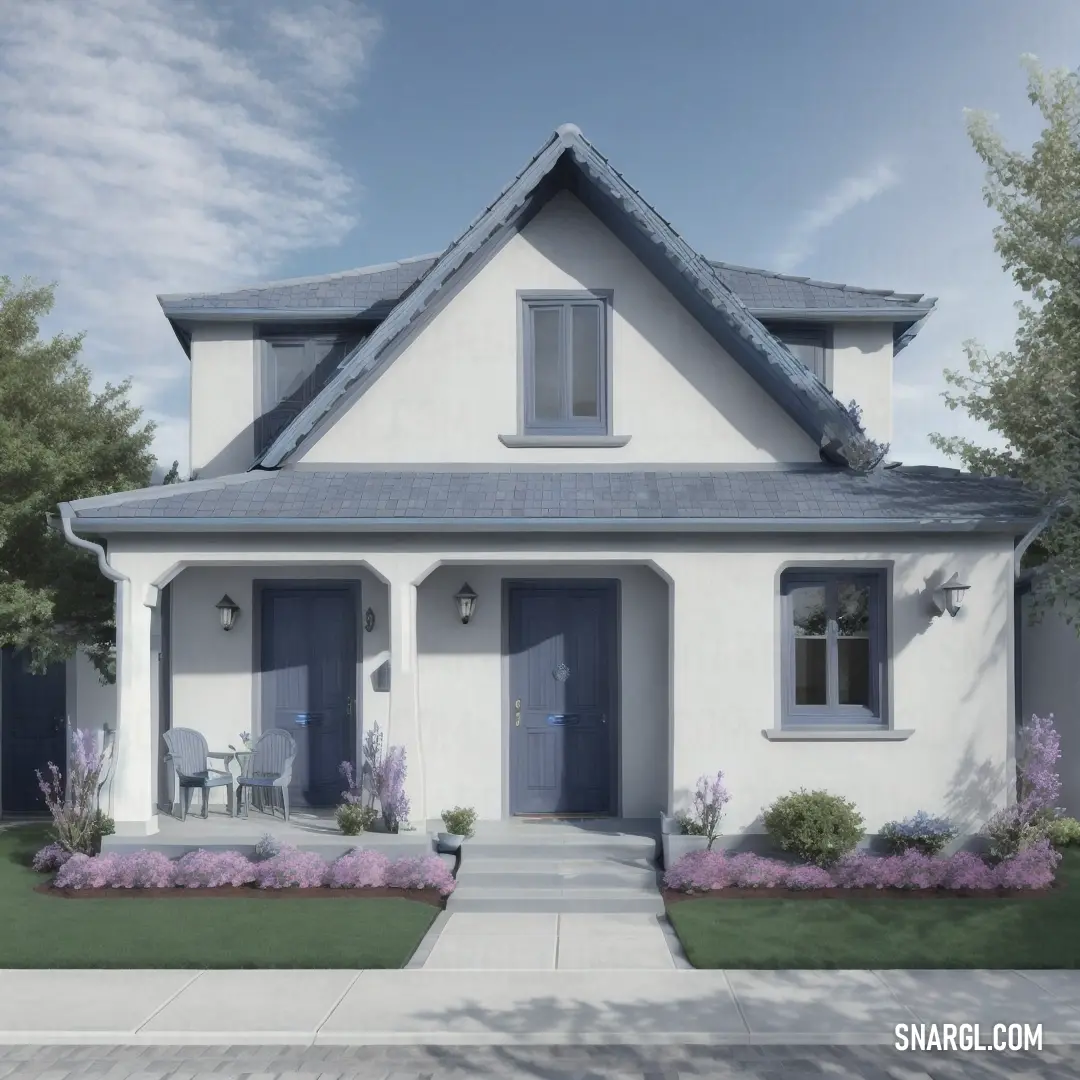 A charming white house with a blue roof, featuring a cozy porch with a table and chairs, sits surrounded by calm outdoor space. The soft hues of RGB 118,159,171 evoke a peaceful, tranquil vibe.