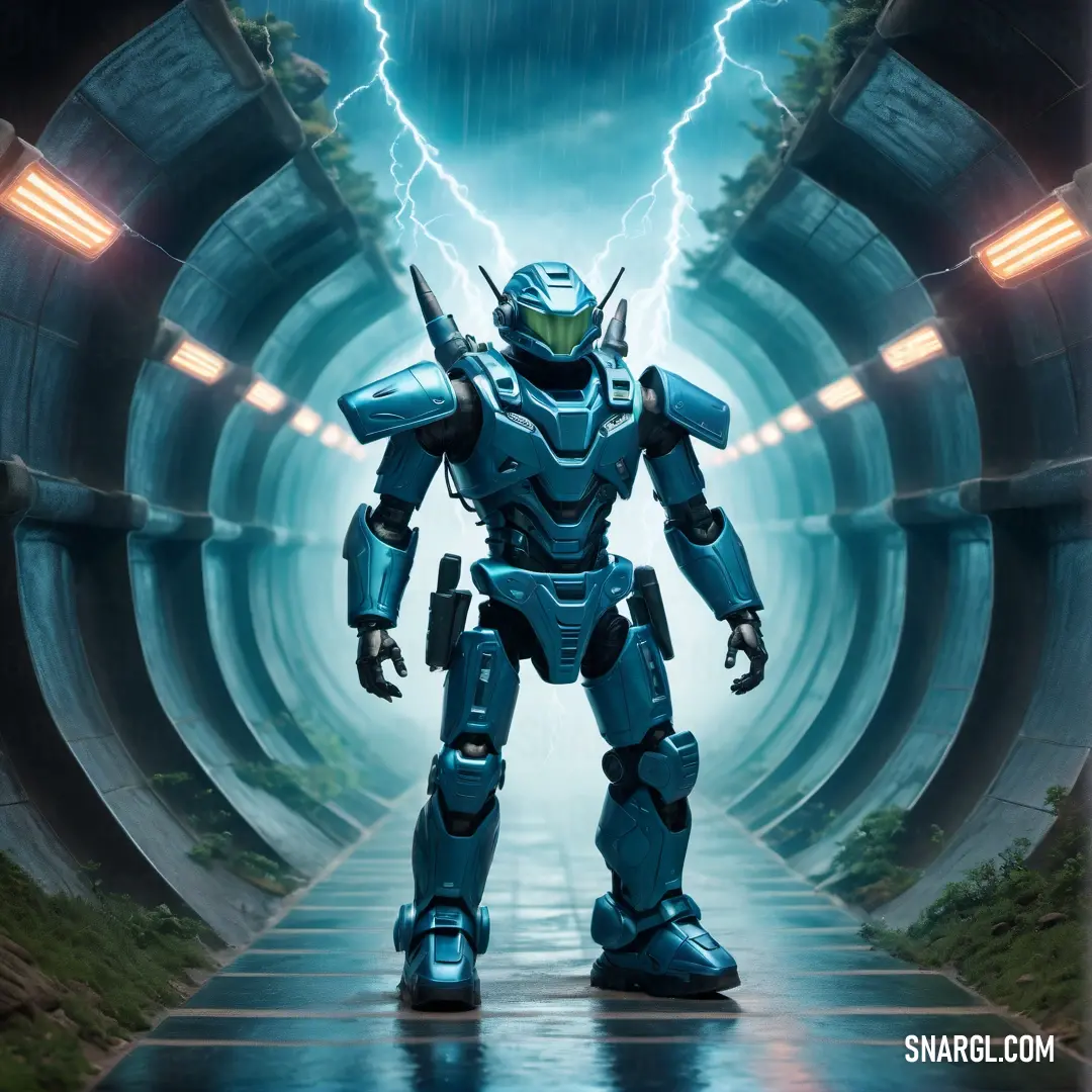 Robot standing in a tunnel with a lightning bolt in the background. Color CMYK 68,29,30,7.