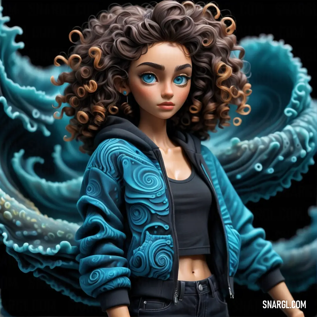 Doll with curly hair and blue eyes is standing in front of a wave of water and a black background. Example of #407685 color.