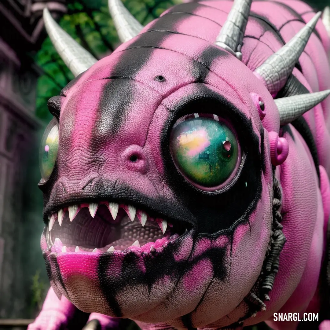 Pink and black dragon with horns and big eyes is posed for a picture in front of a building