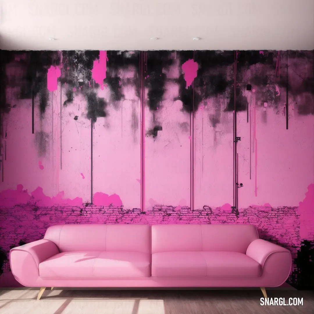 Pink couch in front of a pink wall with black and pink paint on it's walls
