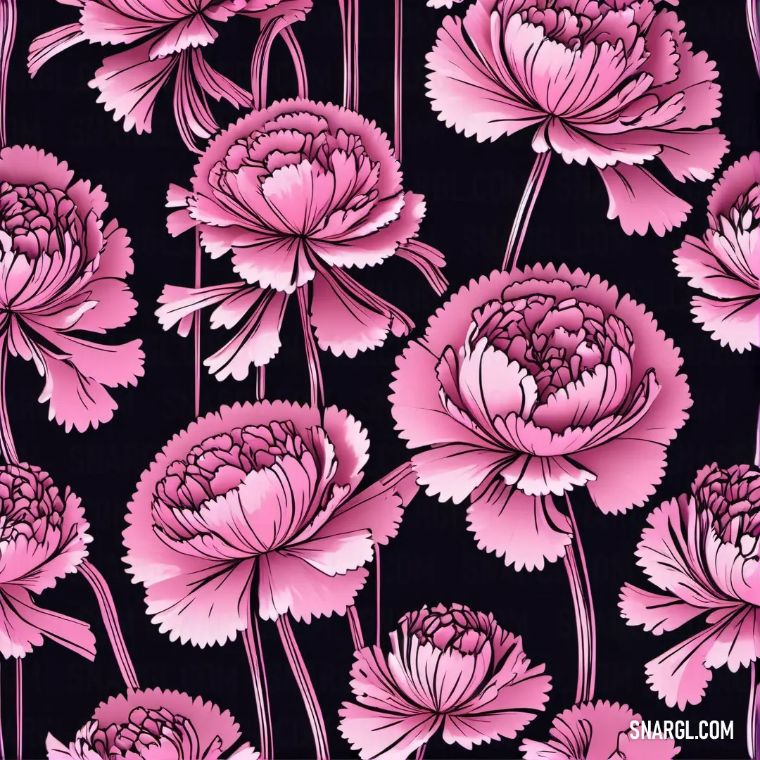 Pink flower pattern on a black background with pink flowers on it's petals and stems