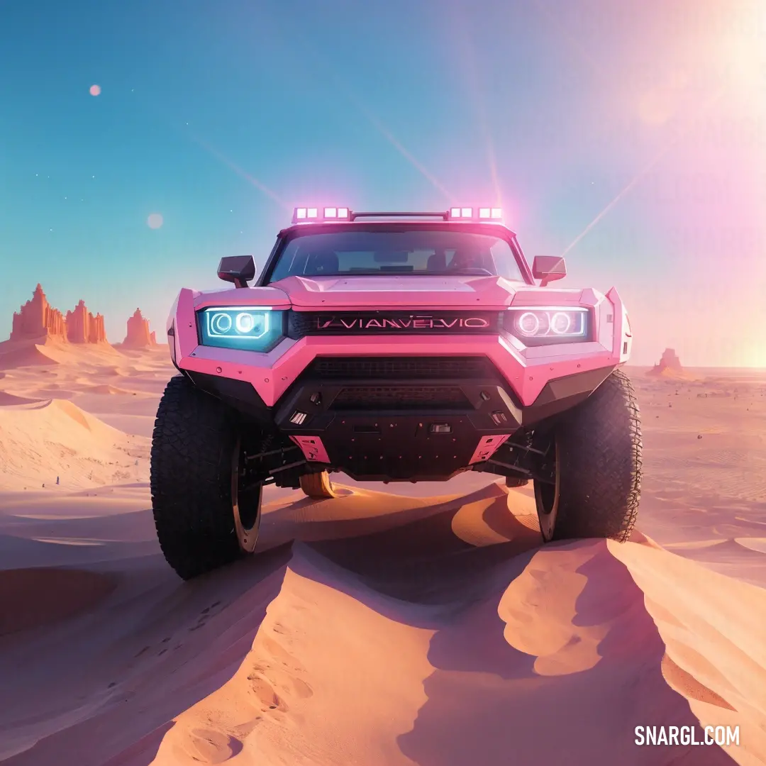 Pink truck driving through a desert with a bright sun in the background and a pink sky above it
