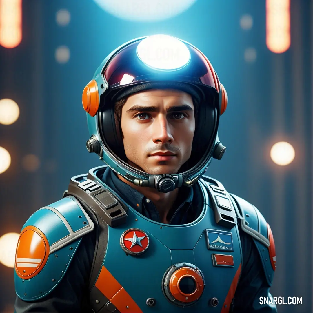 Man in a space suit with a helmet on and lights on behind him. Color CMYK 83,40,34,30.