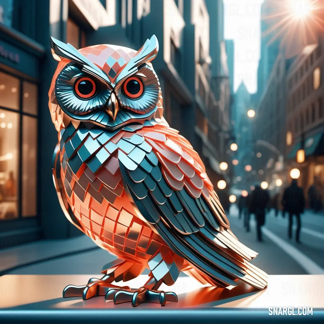Colorful owl statue on top of a table in a city street at night time with people walking by. Example of RGB 21,79,95 color.