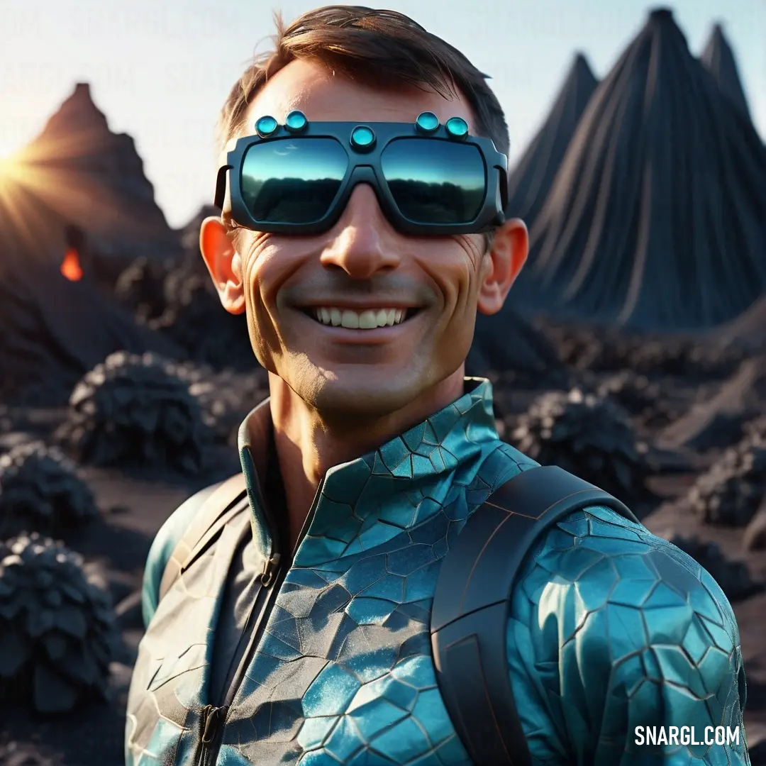 Man wearing sunglasses and a backpack in a desert setting with lava formations in the background. Color PANTONE 2182.