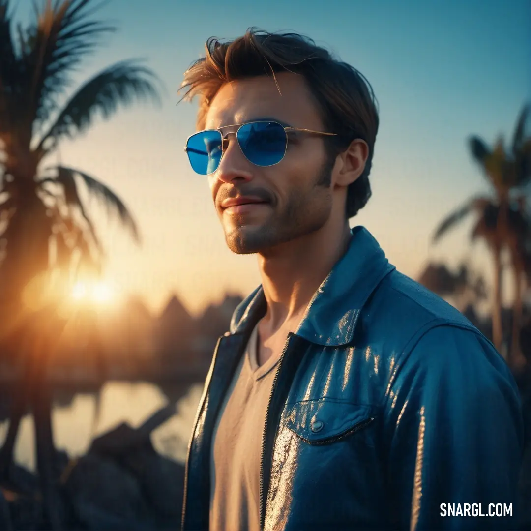 Man wearing sunglasses standing in front of a palm tree at sunset with the sun shining through the lens. Color RGB 21,79,95.