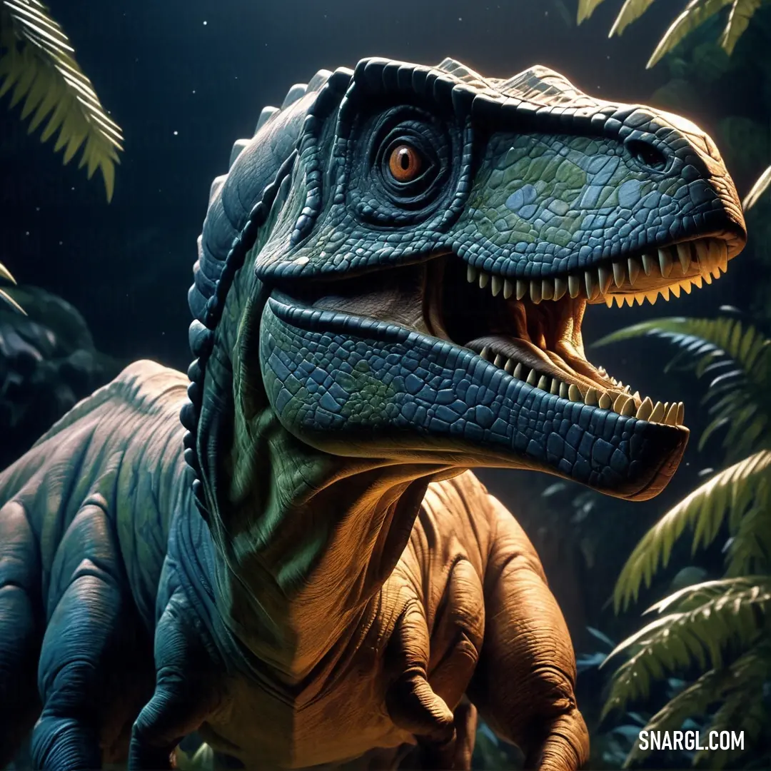 Dinosaur with its mouth open in a jungle scene with palm trees and stars in the background. Color #154F5F.