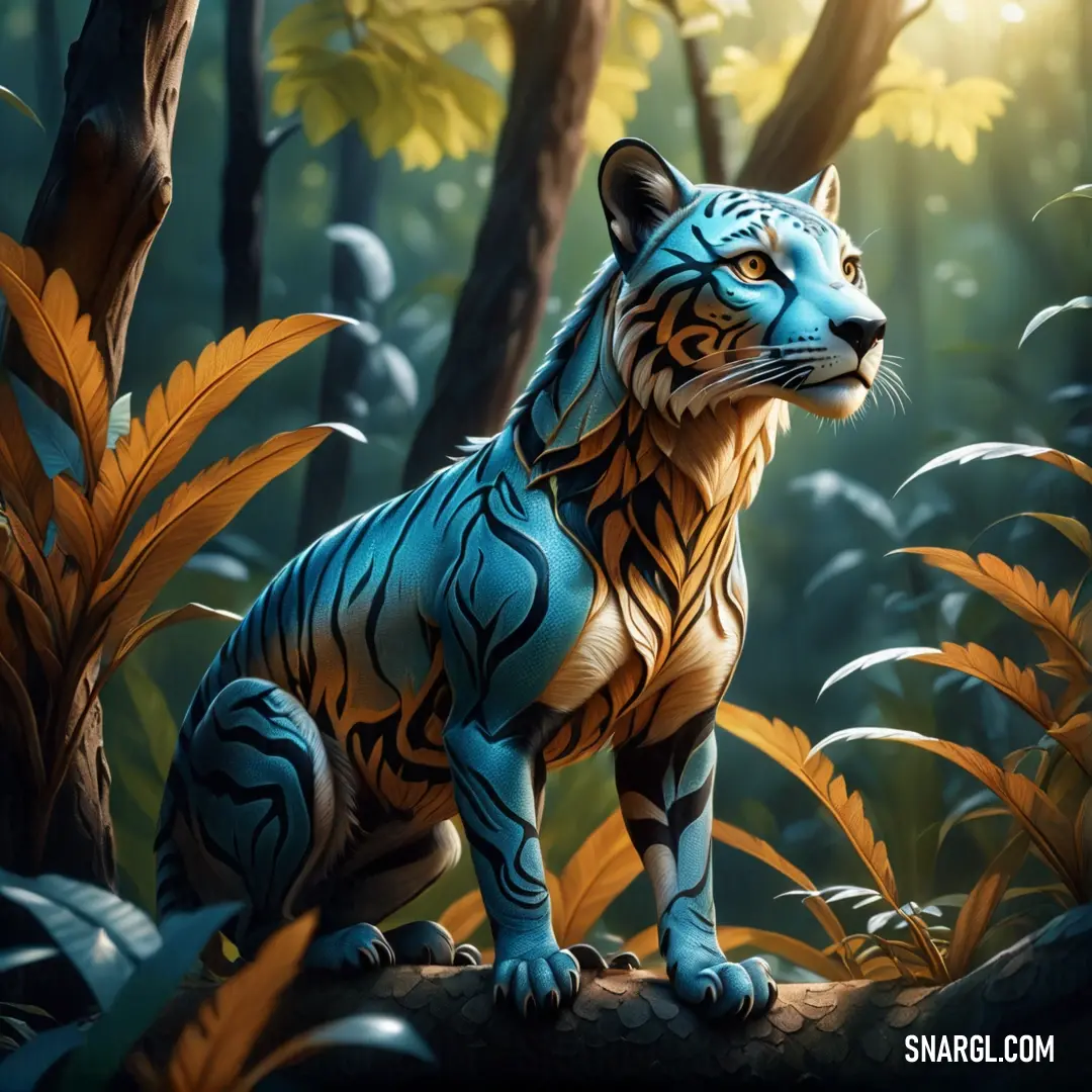 Tiger standing on a log in a forest with trees and plants around it. Example of PANTONE 2183 color.