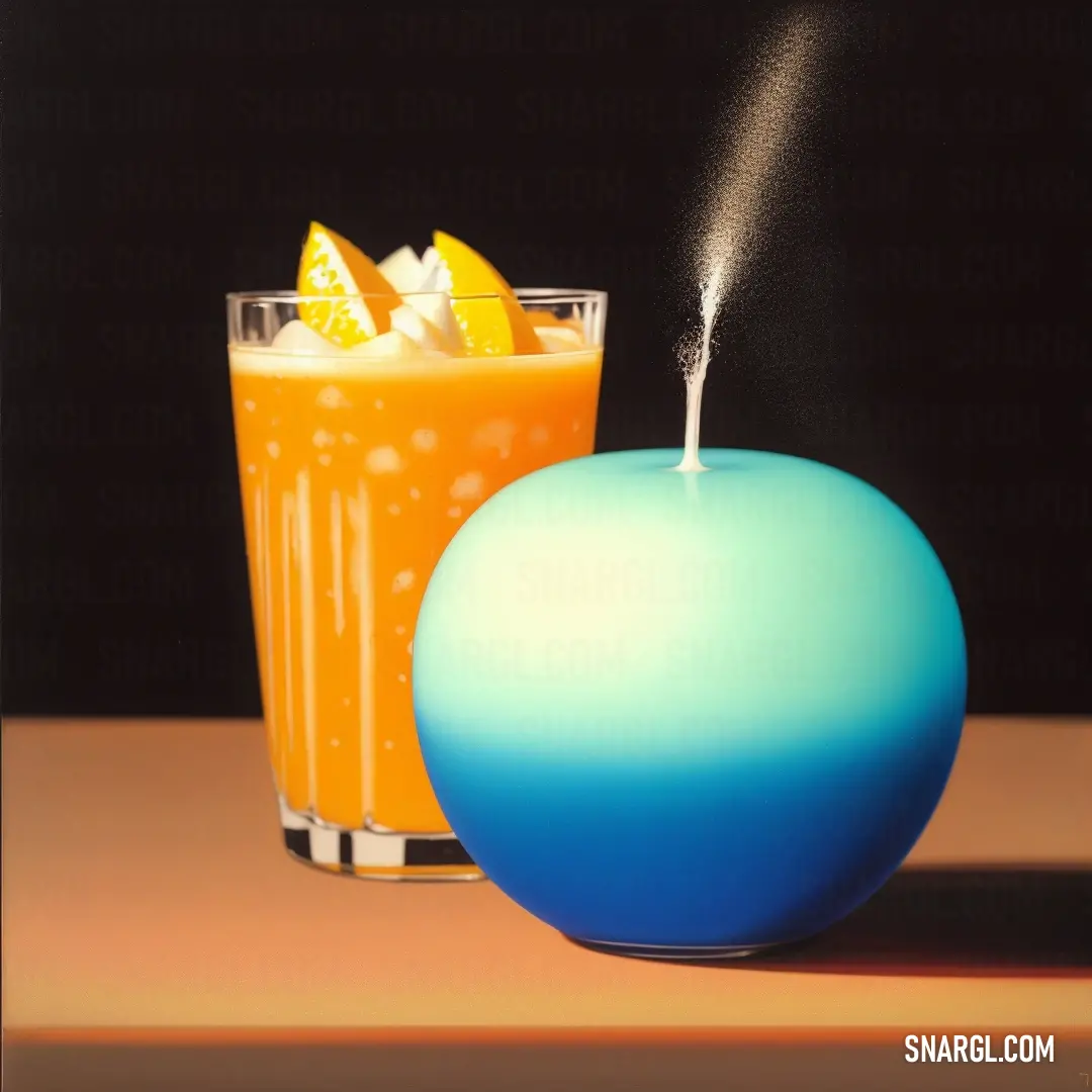 Blue apple next to a glass of orange juice and a drink on a table top with a black background. Color #008BCB.