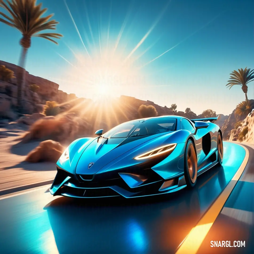 What color is PANTONE 2184? Example - Blue sports car driving down a road in the sun with palm trees in the background and a bright sun flare