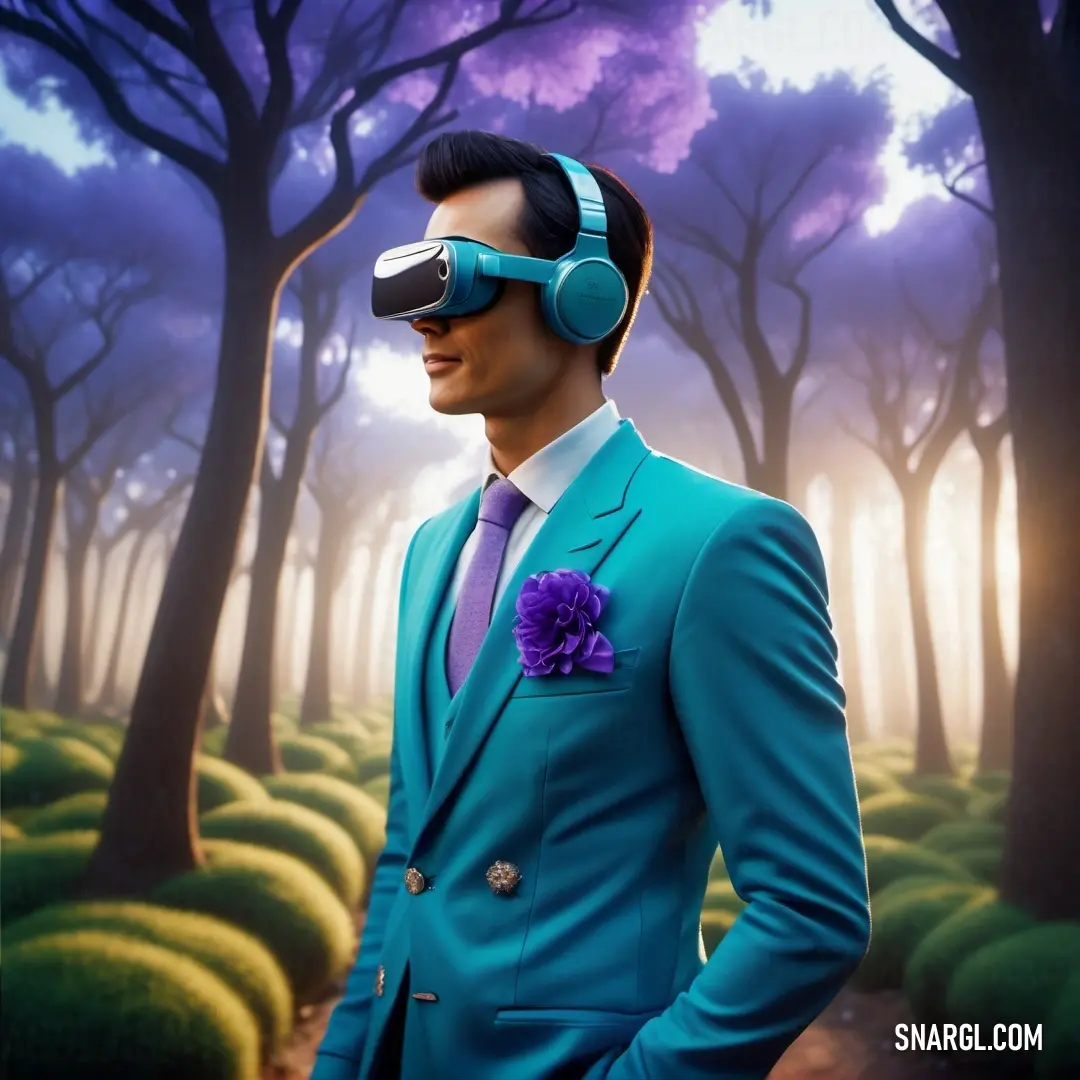 Man in a suit and tie wearing a pair of virtual glasses in a forest with trees and grass. Color PANTONE 2184.