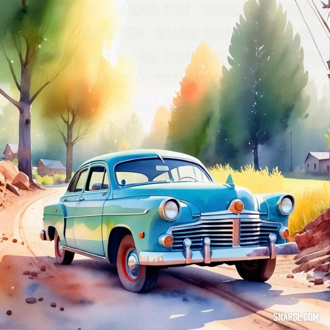 Painting of a car driving down a road in the country side with trees and a house in the background. Example of PANTONE 2184 color.