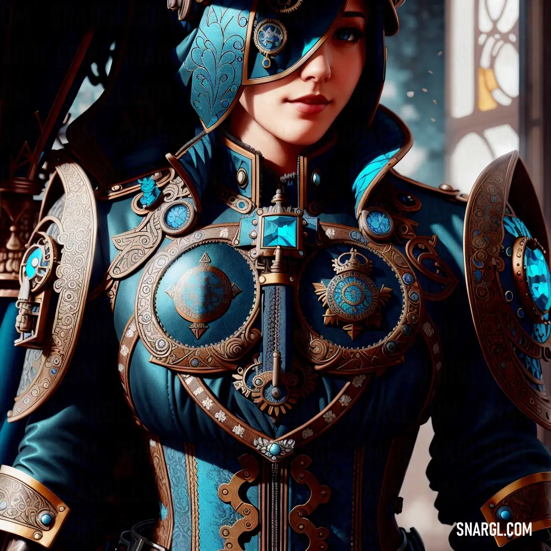Woman in a blue outfit with a sword and armor on her chest and a large sword in her hand. Example of CMYK 94,29,0,0 color.