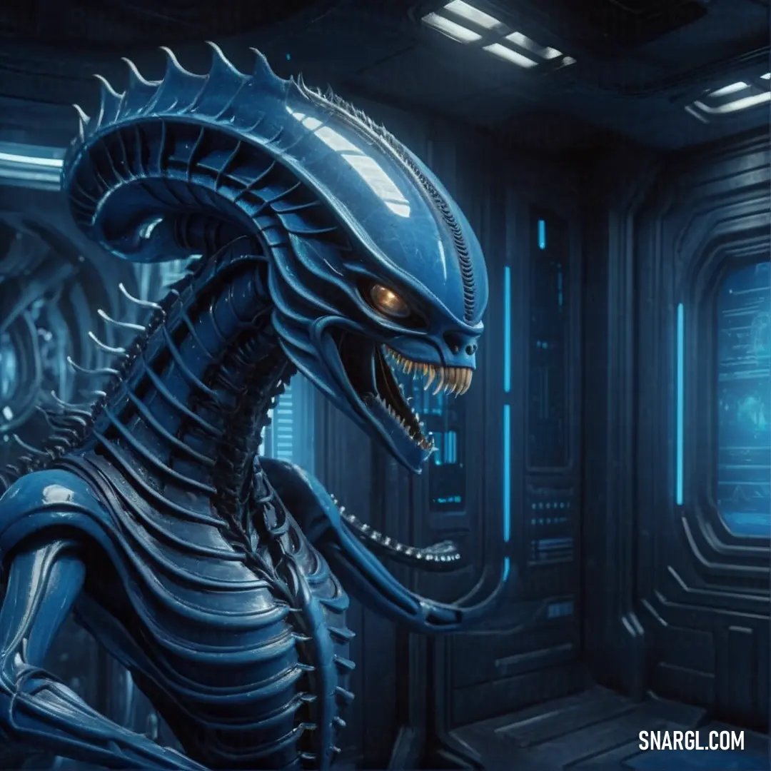 PANTONE 2187 color example: Alien creature in a futuristic space station with a blue light coming from its mouth