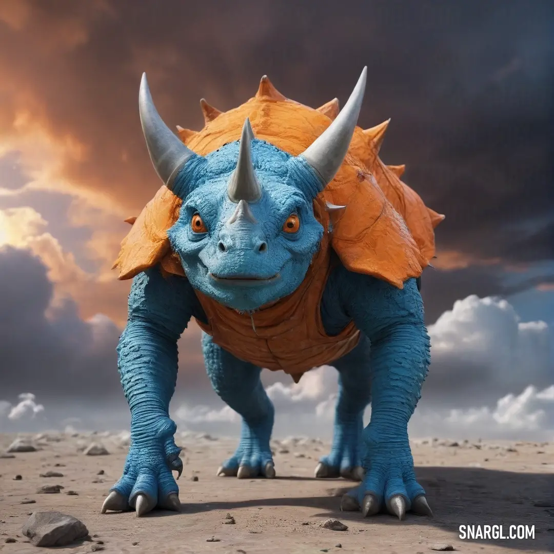 An adventurous blue and orange dinosaur, sporting horned features and a charming yellow vest, poses proudly in a sun-soaked desert, embracing the vibrant hues of the arid environment.