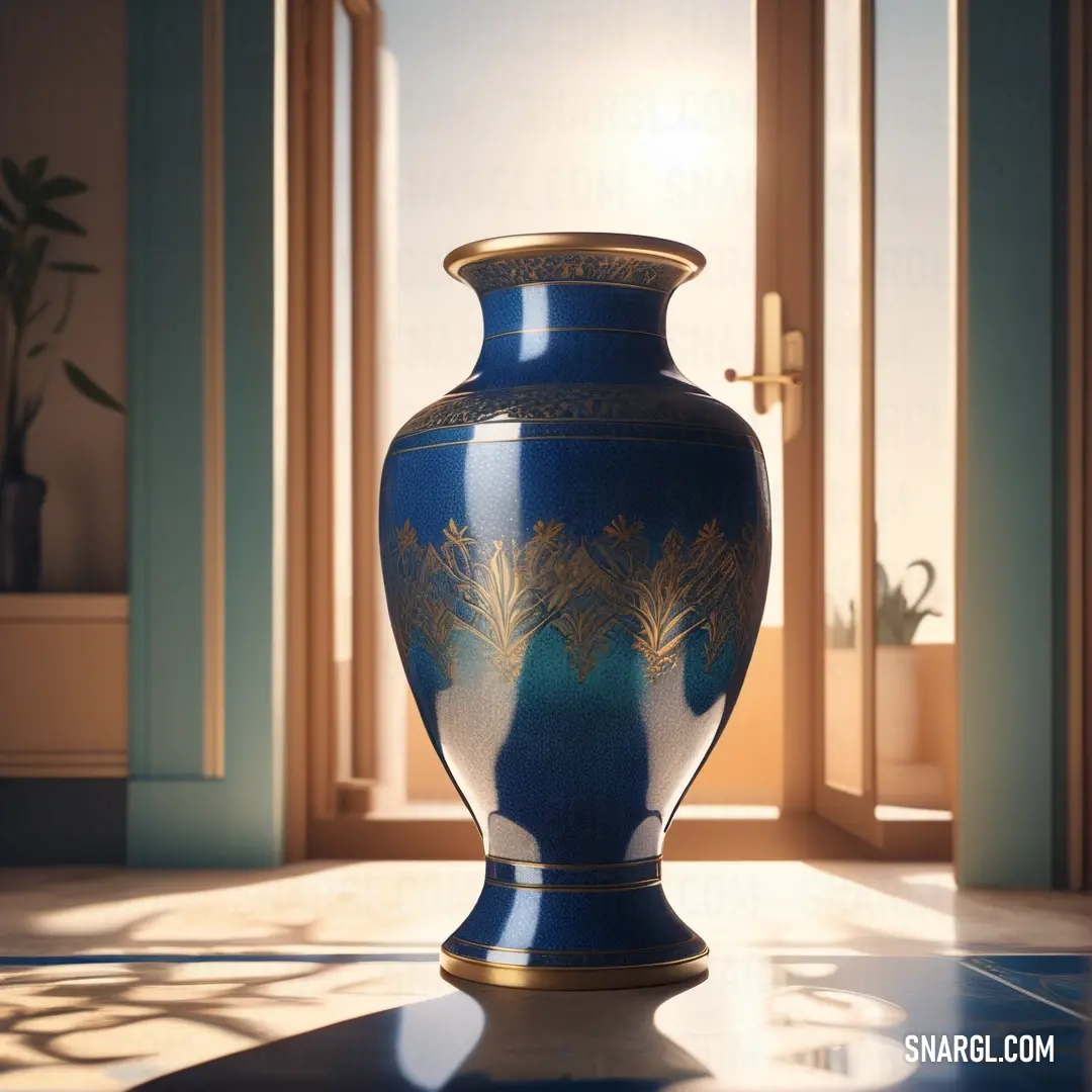 A serene blue vase, filled with lush greenery, stands elegantly on a table beside a sunlit doorway. The sun streams through, creating a tranquil ambiance that showcases the beauty of the deep #00527F color.