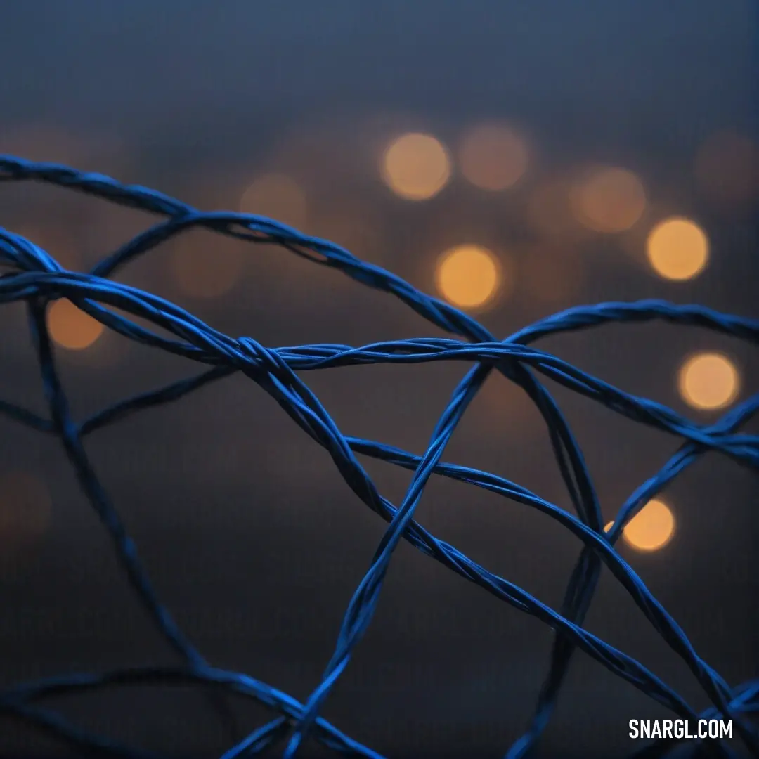 An enchanting close-up of a wire fence enhanced by twinkling lights in the background, beautifully capturing the intricate details and inviting the viewer to explore the essence of PANTONE 2187 in a fascinating scene.