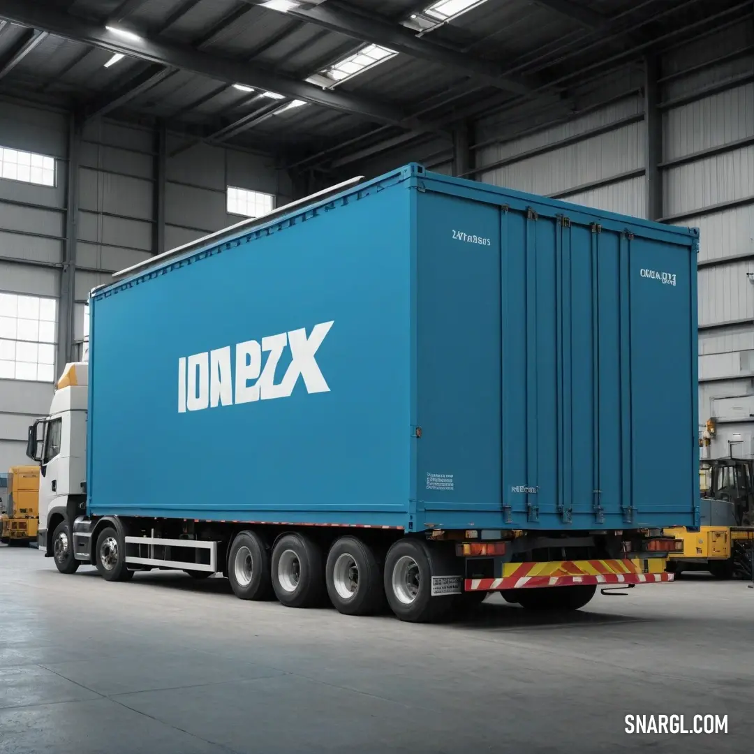 A large blue box truck is parked inside a spacious warehouse, situated next to a bright yellow truck. The vibrant blue hue of the truck (#00527F) contrasts with the surrounding neutral tones, creating a striking visual presence.